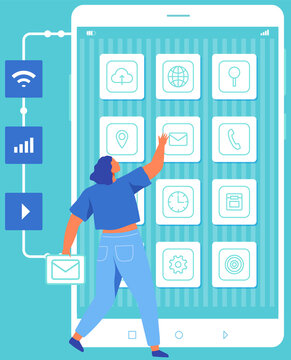Work with development of application, program for phone. Woman looking at app icon layout on screen. Software development for electonic device. Female character analyses mockup of smartphone interface