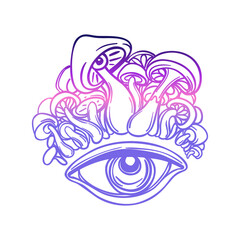 Magic mushrooms. Psychedelic hallucination. Gradient colorful vector illustration isolated on white. 60s trippy hippie art.