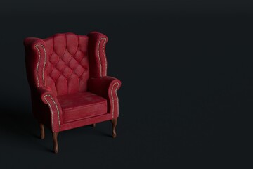 Red velvet armchair of old design on short legs with high back isolated on black background. 3d rendering