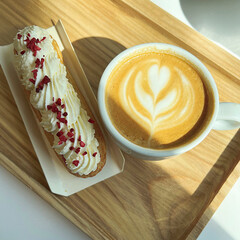 Vanilla eclair and a cup of coffee on a wooden tray. morning cappuccino