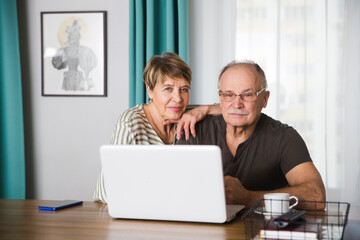 elderly man connecting to the Internet from home. healthy seniors lifestyle. work from home. Senior couple using a laptop, in a stylish living room,