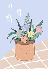 Illustration of cute pot with flowers for postcards, posters and decor.