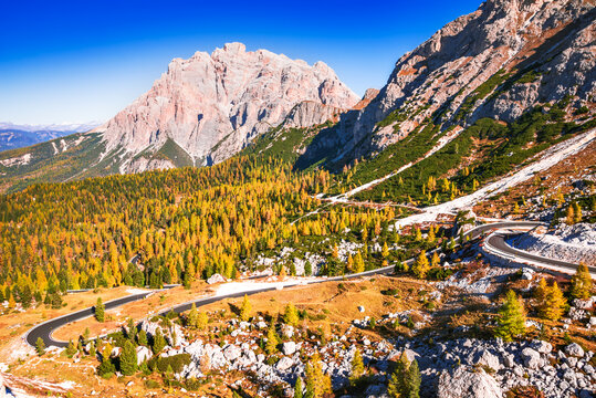 Passo Valparola, Italy - Autumn landscape in Dolomites Alps, South Tyrol