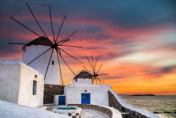 Mykonos, Greece. Beautiful Greek Islands with Kato Mili windmill, Cycladese. - obrazy, fototapety, plakaty