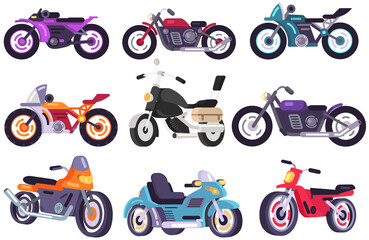 Set of motorcycle design flat style. Motorbike and bike different types, motorcycle isolated, motorcycle and motor, engine cycle, travel motorcycle, power moto, speed vehicle transport, transportation