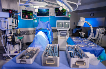 Specialist sterilised equipment in medical hospital operating theatre