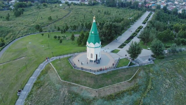 Chapel of Paraskeva Pyatnitsa at the Karaulnaya mountain in Krasnoyarsk. Aerial view.