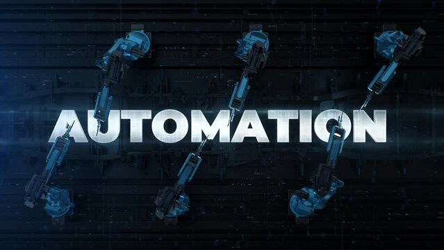 Automated Robot Arm Assembly Line Automation text label. Automation concept.