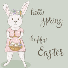Easter card with cute bunny and spring flowers