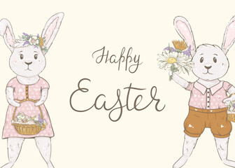 Easter card with cute bunny and spring flowers