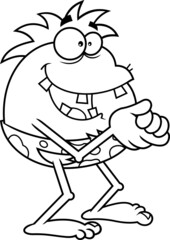 Outlined Happy Hungry Caveman Cartoon Character. Vector Hand Drawn Illustration Isolated On White Background