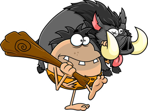 Caveman Cartoon Character With Club Carrying Boar. Vector Hand Drawn Illustration Isolated On White Background