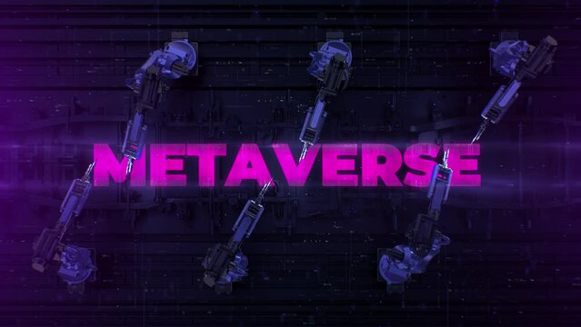 Metaverse concept. Automated Robot Arm Assembly Line Metaverse text title.