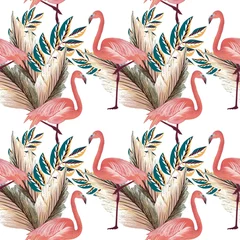 Papier Peint photo autocollant Flamant Motif tropical harmonieux de flamants roses sur fond blanc image d& 39 art hawaïen exotique. Design de mode pour le tissu et la décoration