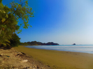 Colorful painting modern artistic artwork, drawing in oil nature landscape view, beautiful vacation travel place, textured brush strokes, design print for canvas or paper poster, touristic product