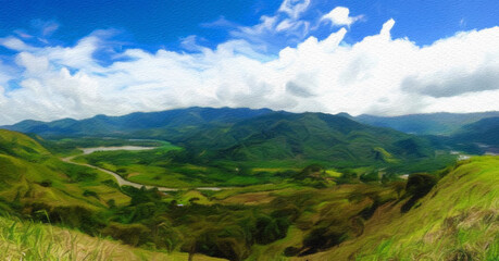 Colorful painting modern artistic artwork, drawing in oil nature landscape view, beautiful vacation travel place, textured brush strokes, design print for canvas or paper poster, touristic product