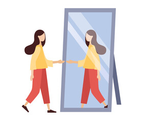 Beautiful young woman looking at mirror. Self-acceptance, self esteem and confidence concept. Self love. Love yourself. Vector flat illustration