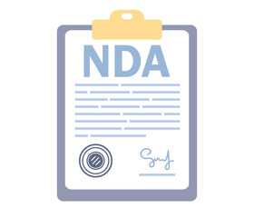 NDA icon. Non disclosure Agreement document with signature and stamp. Signature privacy document. Business confidentiality paper with agreement to contract. Vector flat illustration