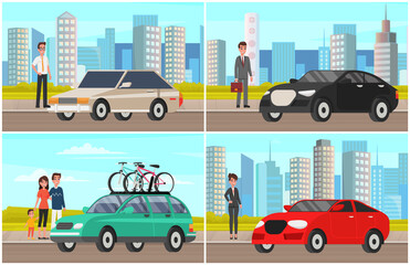 Women and man of different generations next to their personal transport. Stages of development of lady, adolescence, maturity, old age. Elderly, adult and young people standing near automobiles, cars
