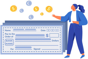 Filling out bank check to transfer funds. Woman working with banking and money. Currency transactions, bill payments, taxation. Businesswoman next to security paper for owner bank account data