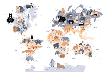 Cute animals of world. Map in scandinavian style. Handmade poster for print. Vector illustration. © AngArt