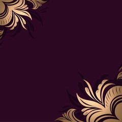Dark purple background with elegant stylized golden flowers in the corners, a template for covers, postcards, greetings, invitations to events, advertising in fashion, cosmetology, floristry. Vector