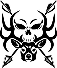 whitetail buck with  human skull and crossing hunting arrows