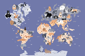 Cute animals of world. Map in scandinavian style. Handmade poster for print. Vector illustration. © AngArt