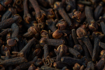 Dried brown pikes of cloves spicy herb, macro top view