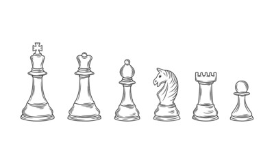 Hand-drawn sketch set of Chess pieces on a white background. Chess. Check mate. King, Queen, Bishop, Knight, Rook, Pawn. Vector icons.