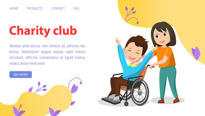 Modern disability people support in wheel chair landing page template, teenage volunteers. Children charity club, boy and girl happy kids. Schoolboy sitting in wheelchair, invalid rehabilitation