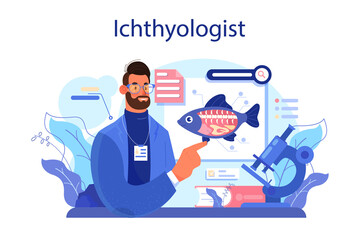 Ichthyologist concept. Ocean fauna scientist. Practical studying
