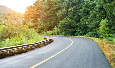 Asphalt road through green field in summer day