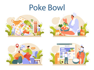 Poke bowl set. Fresh healthy food with salmon, tuna or shrimp toppings.