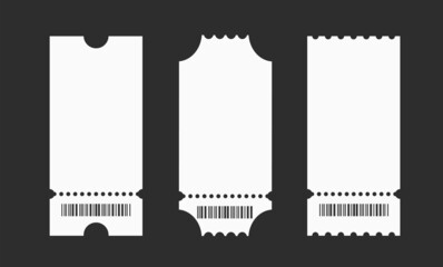 Set of empty ticket templates isolated on black background. Blank tickets mockup for entrance to the concert or show. Vector 