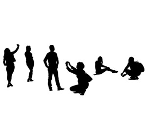 Photograph and photo camera on street. Isolated silhouettes of people on white background