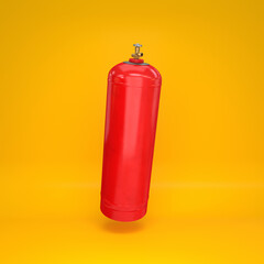 Red gas cylinder floating on a yellow background, 3d render