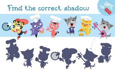 Find correct shadow. Cute animals. Educational game for children. Activity, vector illustration.