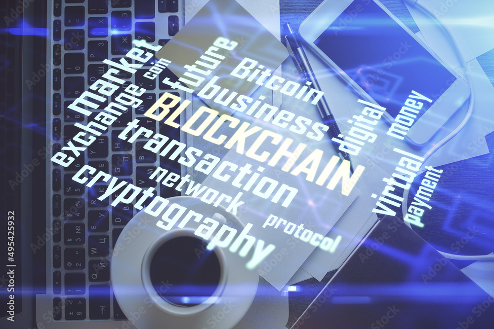 Poster Blockchain theme hologram drawings over computer on the desktop background. Top view. Multi exposure. Concept of cryptoeconomy.