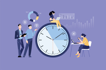 People concept. Vector illustration of time management, project development, market research for graphic and web design, business presentation and marketing material. - obrazy, fototapety, plakaty