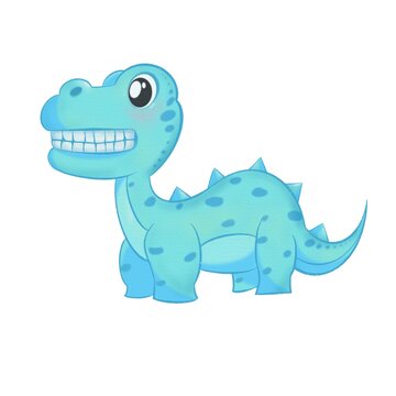 Painted of A baby dinosaur, bright blue, smile, cartoon.