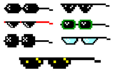 Realistic Pixel glasses set. Pixel sunglasses 

set isolated on a white background. Modern 

style Eyeglasses and sunglasses.
