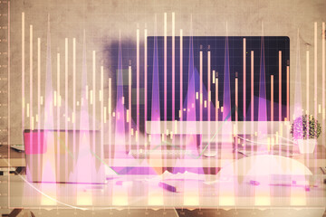Multi exposure of financial graph drawing and office interior background. Concept of market analysis.