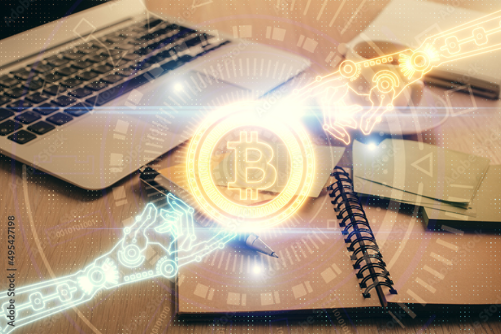 Aufkleber Double exposure of crypto technology drawing and desktop with coffee and items on table background. Concept of blockchain