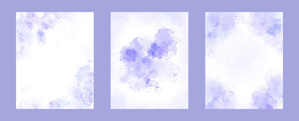 Ready-made trendy watercolor set of blots, stains and splashes for wedding invitations, business cards, flyers and banners. Watercolor purple frames and templates for the logo and inscriptions.
