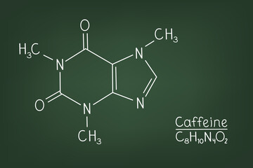 Vector image of the caffeine formula on a green blackboard. The icon is a purine alkaloid.