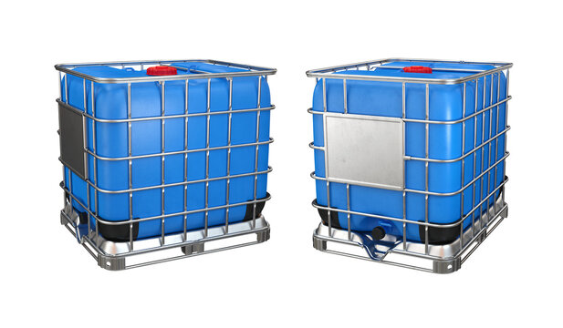 Set of two angles IBC container for liquids in blue on a white background, 3d render