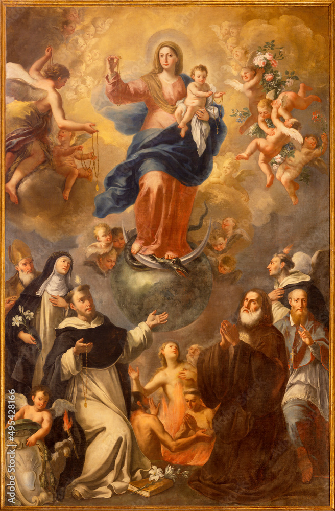 Wall mural MONOPOLI, ITALY - MARCH 5, 2022: The baroque painting of Madonna of rosary among the saints in Cathedral - Basilica di Maria Santissima della Madia by unknown artist.