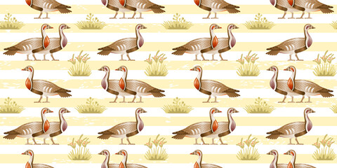 Goose duck pattern. Vector seamless geese illustration. Egyptian flying bird background. Wild animal hunting drawing. Floral vintage print. Adorable silhouette wallpaper. Goose and green plant pattern