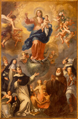 MONOPOLI, ITALY - MARCH 5, 2022: The baroque painting of Madonna of rosary among the saints in Cathedral - Basilica di Maria Santissima della Madia by unknown artist. - obrazy, fototapety, plakaty